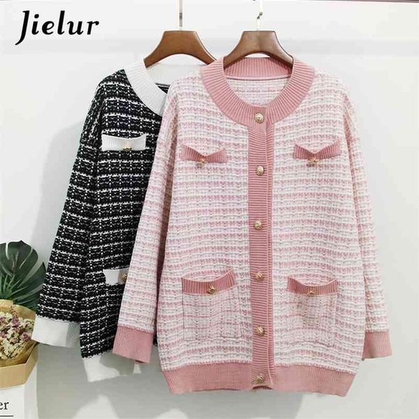 

plaid knitted jacket women patchwork autumn coats femme pocket button chic winter long sleeve pink 210426, Black;brown