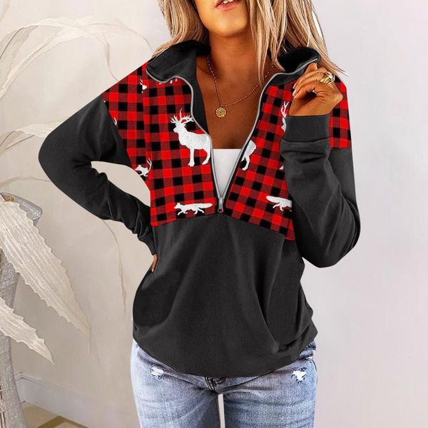 

women's hoodies & sweatshirts christmas sweatshirt women clothing zipper turn-down collar xmas deer plaid print long sleeve pullover s, Black