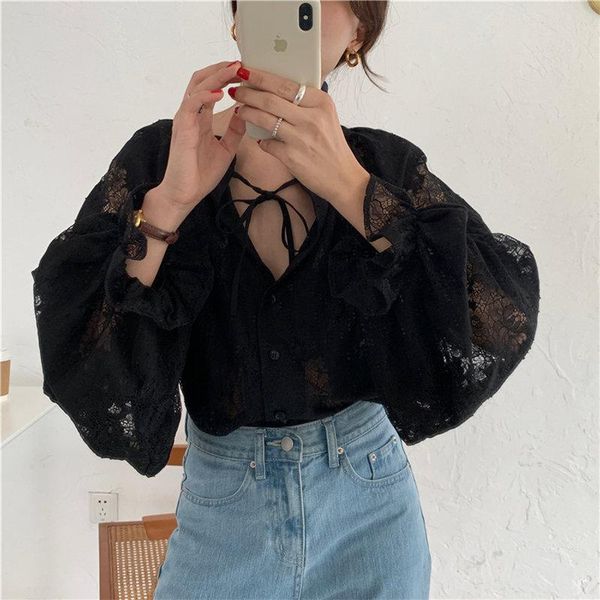 

women's blouses & shirts black thin lace lantern sleeves 2021 flowers streetwear all match casual ol women stylish gentle sexy, White
