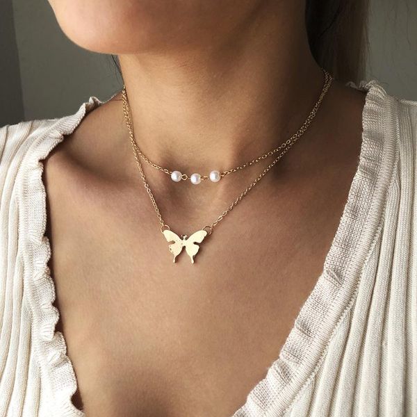 

chains 2021 american fashion trend necklace female personality double-layer imitation pearl butterfly pendant clavicle chain, Silver