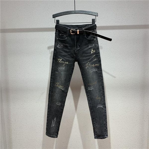

women's jeans est women stretch ripped distressed skinny high waist denim pencil pants shredded trousers fashion print letter, Blue