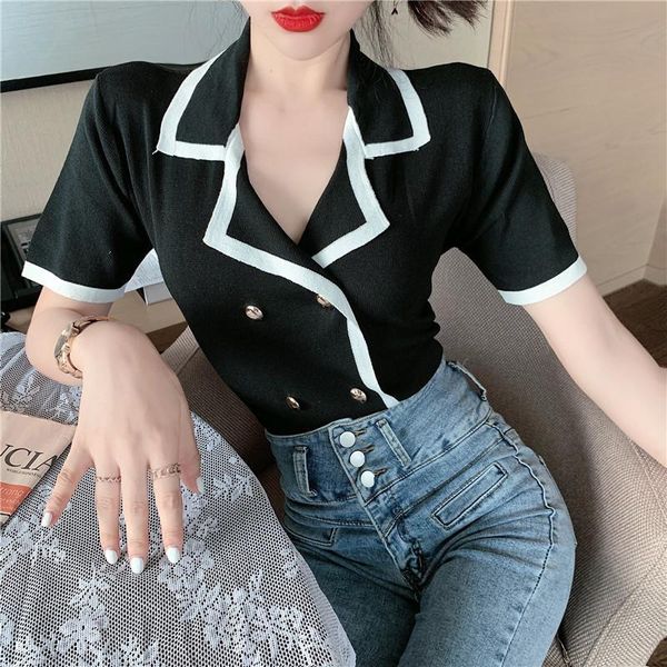 

suit collar knitted short cardigans women sweater knitting summer double breasted buttons cardigan outwear for female, White;black