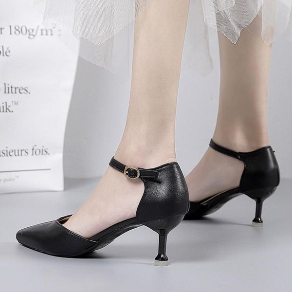 

summer women sandals ankle strap dress shoes pointed toe pumps black medium heels office lady zapatos mujer 809n