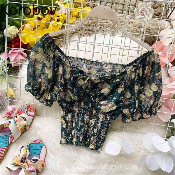 Korobov Summer Slim Beach Style Femmes Blouses Vintage Imprimer Col carré Manches bouffantes Chemises coréennes Boho Crop Blusas Mujer 210430