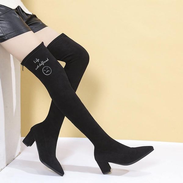 

boots black high-heeled over the knee stretch women's short plush fashion knight 2021 autumn and winter
