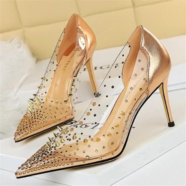 

dress shoes 2021 style pointed toe transparent rhinestone women's metal rivets quality 9cm high heels size 3-9, Black