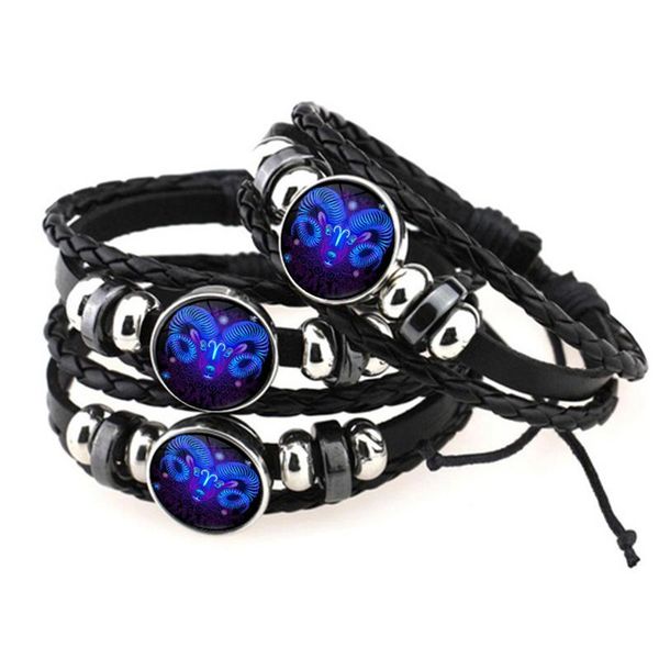 

charm bracelets 12 constellation zodiac sign black braided leather bracelet cancer leo virgo libra woven glass dome jewelry punk men, Golden;silver