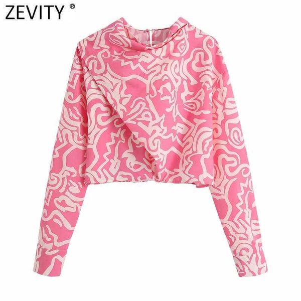 

zevity women vintage stand collar graffiti print short blouse female chic back bow tied casual shirt crop blusas ls9384 210603, White