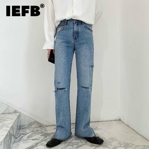 

men's jeans iefb autumn loose straight pants for men korean streetwear fashion wide leg long hole split denim trousers 9y8735, Blue