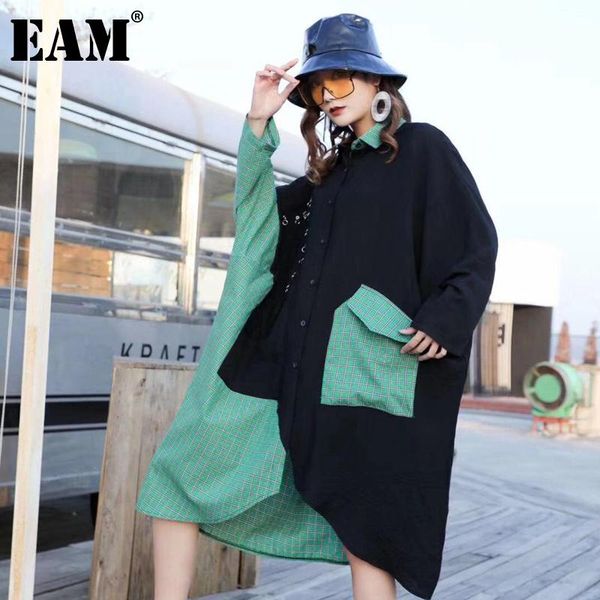 

[eam] women black plaid green big size dress lapel long sleeve loose fit fashion tide spring autumn 2021 1db538 casual dresses, Black;gray