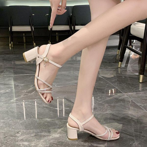 

sandals female 2021 summer word buckle rhinestone high heels thick with shallow wild dress women platform, Black