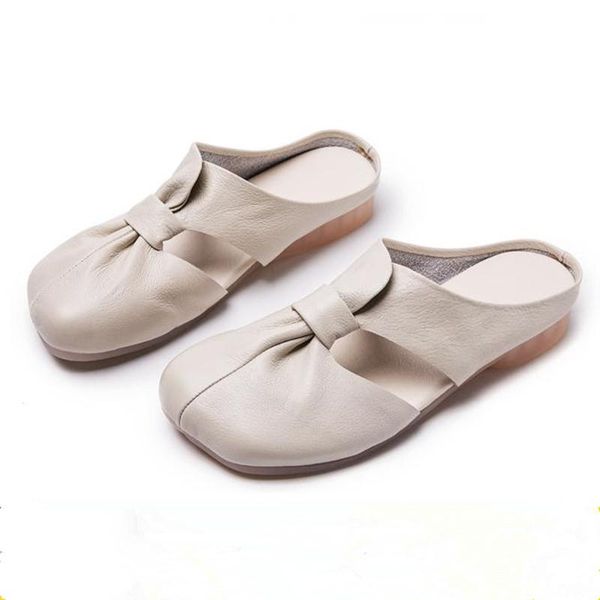 

spring and summer leather slippers women simple soft bottom cowhide flat hollow sandals casual shoes, Black