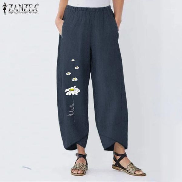 

women's pants & capris women's women summer cotton linen vintage floral printed harem loose casual trousers elastic waist pantalon, Black;white