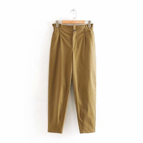 

women's pants & capris women khaki cotton paperbag fashion streetwear pockets pleated waist trousers 2021 ladies casual long sale items, Black;white