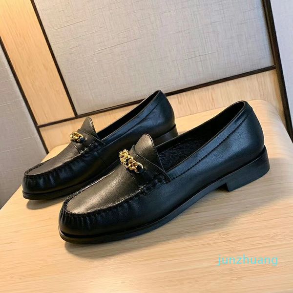 Tasarımcı-Moda Siyah Bej Beyaz Hakiki Deri Buzağı Cilt Zinciri Loafer Casual Flats Ayakkabı Bayanlar İş Ayakkabıları