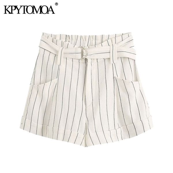 

women chic fashion striped with belt shorts vintage zipper fly pockets female short pants pantalones cortos 210420, White;black