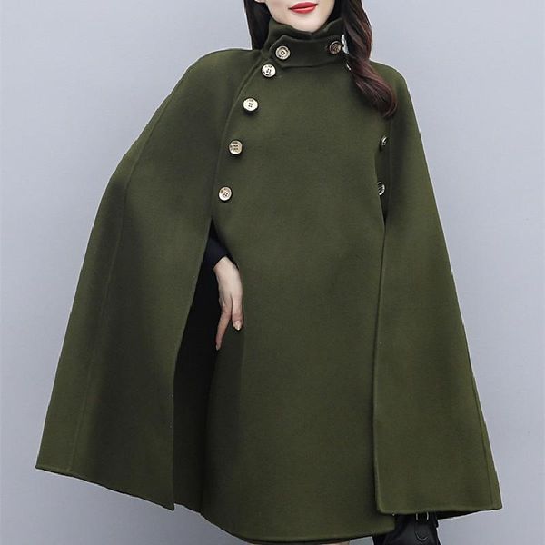 

women's wool & blends 2021 black cape woolen coat women autumn winter mid-length loose shawl vintage cloak jackets fashion poncho femme