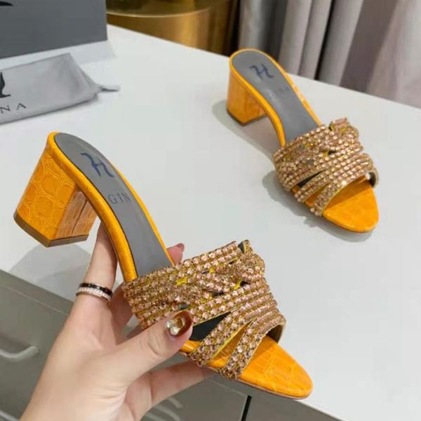 

2021 genuine leather round head chunky high-heeled diamond sandals slippers 34-42, Black