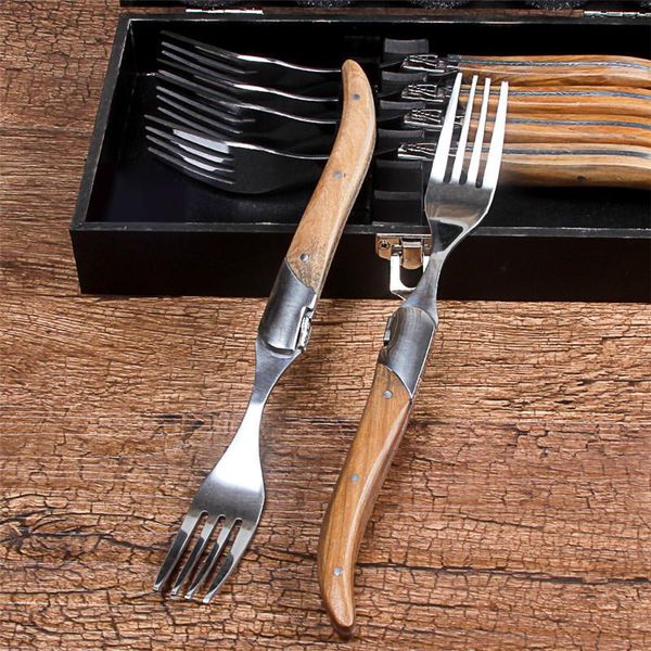 

forks natural wooden handle household tableware stainless steel steak fork western dinner tool christmas with gift box 1pcs