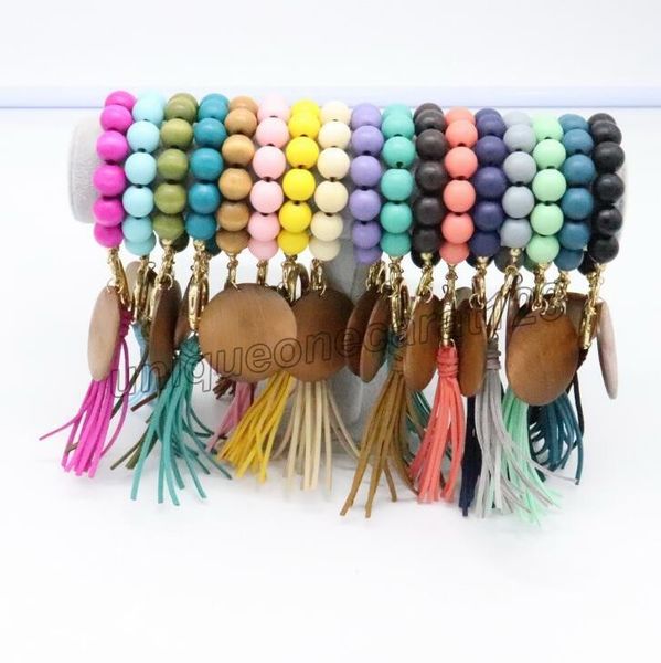 

18 colors wooden bead keychain fashion personalized disc tassel bracelet key ring for woman car keychains decorations, Slivery;golden