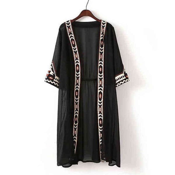 DkunhuiLC Mode Damen Schwarz Weiß Farbe Geometrische Stickerei Ethnische Hemd Strickjacke Sommer Sonnencreme Kimono Lose Blusen 2021 H1230