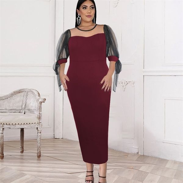 Bordo Bodycon Elbiseler Artı Boyutu 4XL 5XL O Boyun Puantiyeli MIDI Uzunluğu Ofis Akşam Parti Olay Elbiseler Yaz 210527