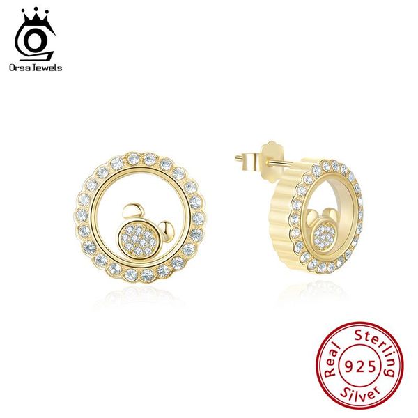

stud orsa jewels 14k 925 sterling silver earrings cz 14mm with movable bear charm inside glass for girl gift eqe29, Golden;silver