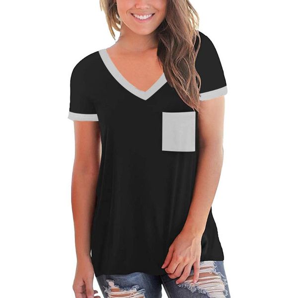 

women's t-shirt 2021 t shirt women summer tees pocket decor short sleeve v neck female casual clothing loose, White