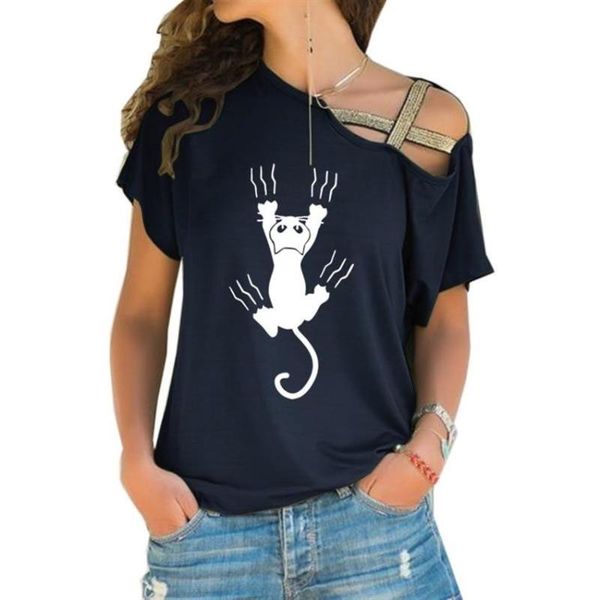 

women's t-shirt fashion loose women cat animal print for harajuku cute female cross shoulder straps off tees, White