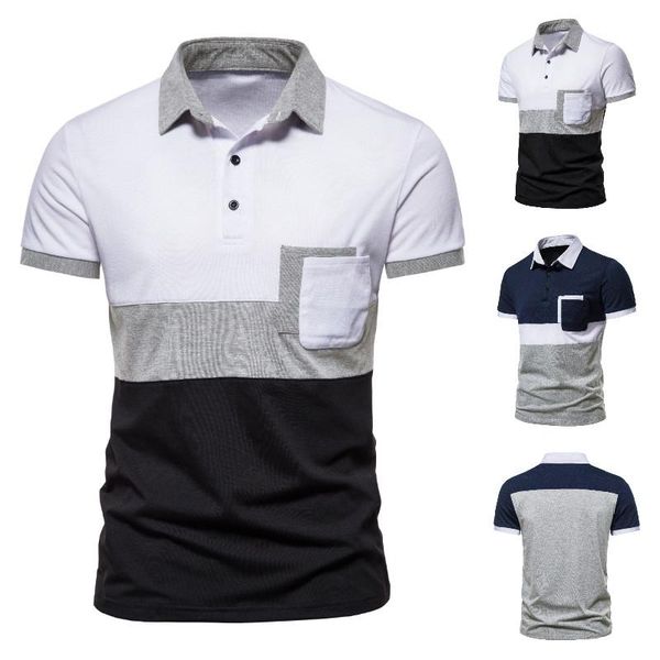 

men's polos 2021 summer matching color lapel slim business casual mens shirts with short sleeve, White;black