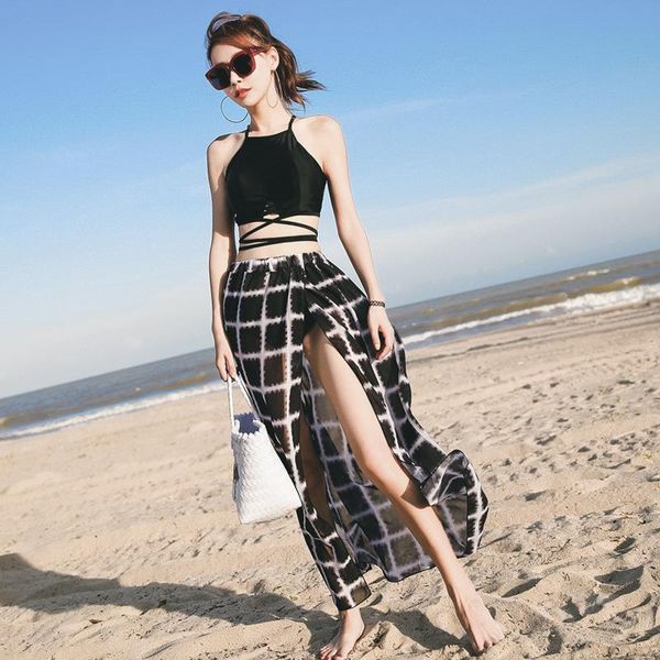 

women's swimwear floral print bikini with skirt backless bandage 3 piece sets swimsuit bathing suit halter bikinis beachwea, White;black