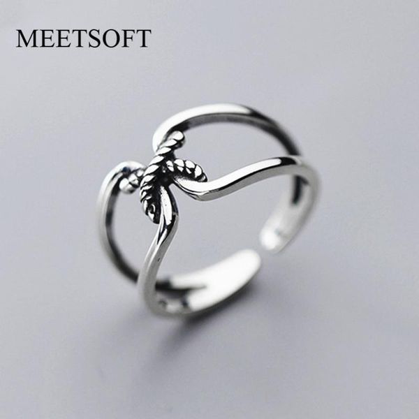 

thai silver opening ring with 925 stamp for women simple adjustable retro small rope knot double layer jewelry gift cluster rings, Golden;silver