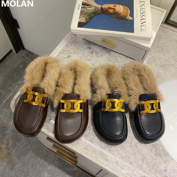 

fashion luxury golden chain square toe fur slipper brand socofy plush flat slides slip on women's loafers mules flip flops slippers, Black