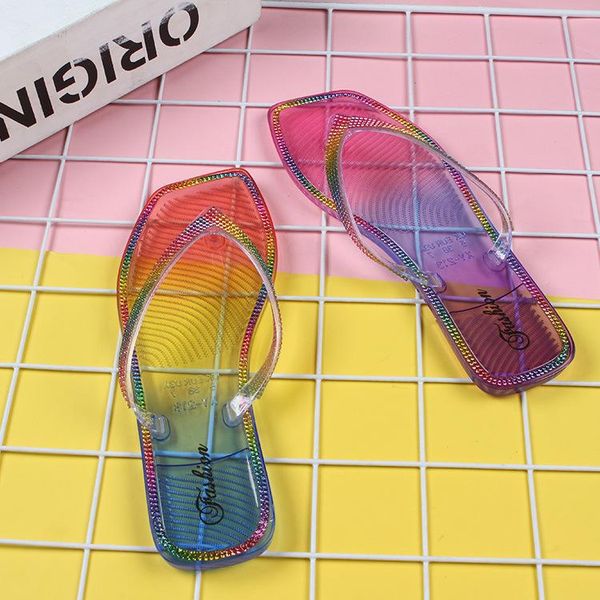 

slippers women summer transparent flip flops casual flats beach woman shoes colorful sandals lady rhinestone non-slip, Black