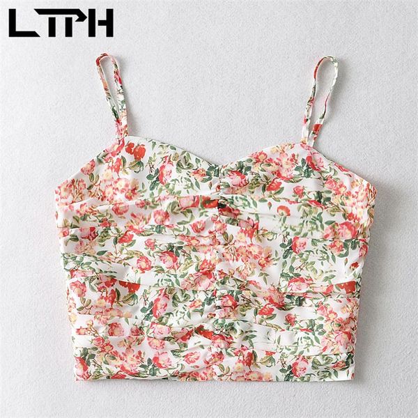 

ins fashion niche design floral sleeveless camisole short back zipper folds women tanks crop summer 210427, White