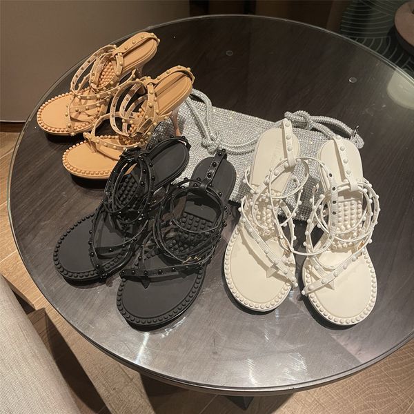 

women's high-heeled sandals rivet set-toe sandals 2022 new summer round toe stiletto toe cross word buckle shoes, Black