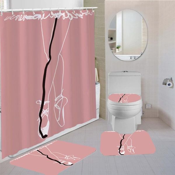 

shower curtains girl dancing ballet waterproof curtain with hooks 4 piece solid color background anti-slip carpet toilet cover bath mat