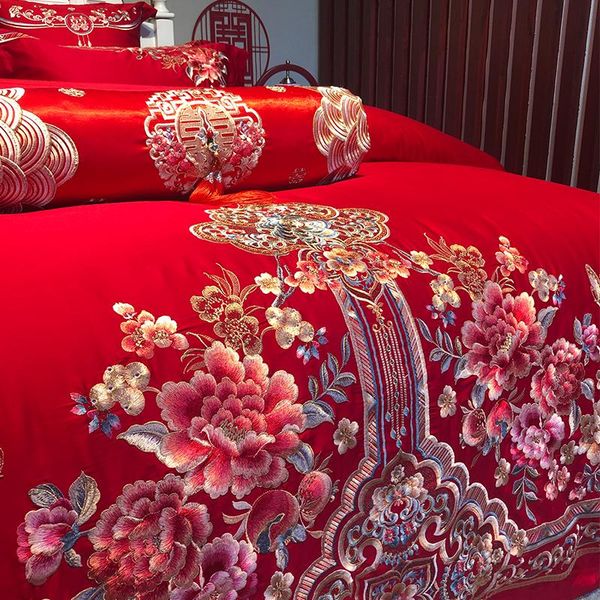 

bedding sets oriental luxury romantic girls bed red chinese style wedding embroidery quilt cover sheet cotton solid princess set