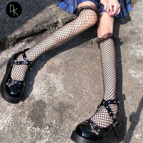 

socks & hosiery women lolita lace fishnet stockings female hollow mid-tube knee sweet girl jk uniform punk style 2021, Black;white