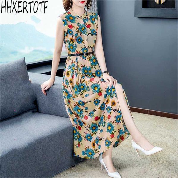 

summer fashion designer floral printed women stand collar sleeveless high waist slim temperament casual dress 210531, Black;gray