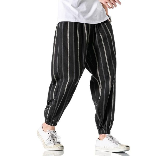 

men's chinese style retro striped harem pants trend large size loose pantalones casuales sports nine-point beam radish, Black
