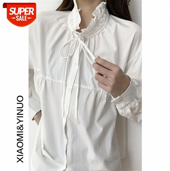 

[ou fan] 7781 fungus collar solid color shirt women's beginning design lace long sleeve women #v09w, Black;gray