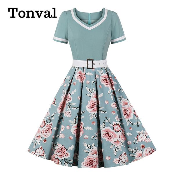 

tonval vintage 50s ladies floral pleated plus size 3xl 4xl rockabilly dress women high waist pinup elegant dresses with belt, Black;gray