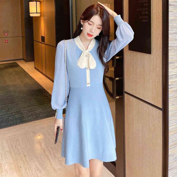 

luxury dress 2022 autumn harvt waist temperament lady bow collar contrast stitching a-line long sleeve knitted dresses, Black;gray