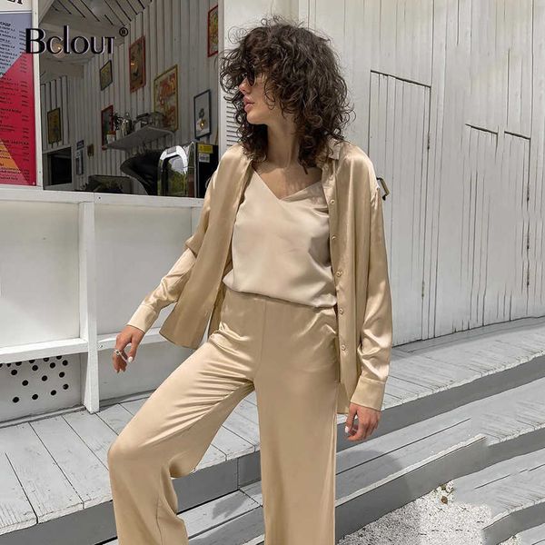 

bclout long sleeve shirts straight pants women satin suits summer plain single breasted blouses elastic waist pant 2 sets female 210709, White