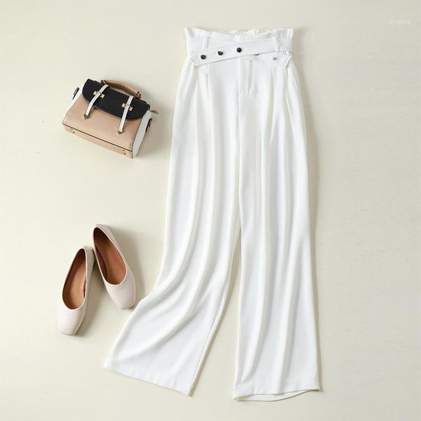 

women's pants & capris 2021 autumn women high waist belt design straight pant vintage loose white casual long trousers, Black;white