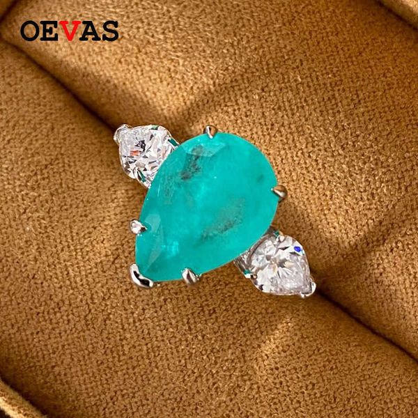 

oevas 100% 925 sterling silver 10*14mm water drop synthesis paraiba tourmaline high carbon diamond ring women party fine jewelry, Golden;silver