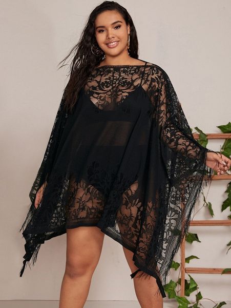 

plus fringe hem sheer mesh cover up m3fg#, Black