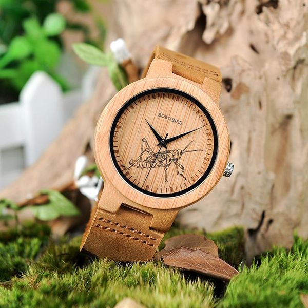 

wristwatches bobo bird watches natural engraving face bamboo wooden case genuine leather strap wristwatch relogio masculino b-p20, Slivery;brown