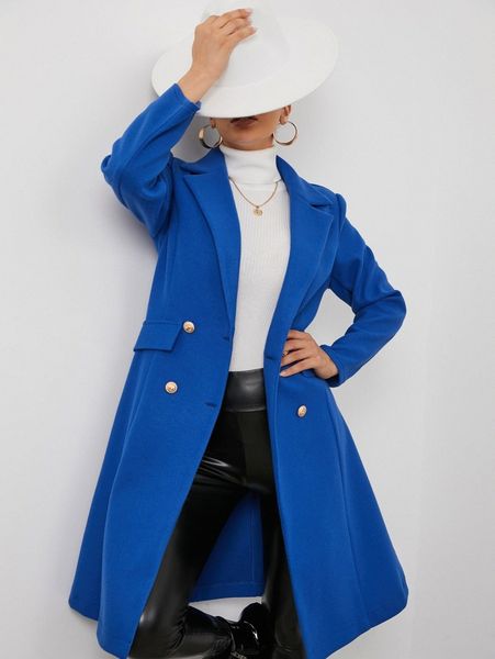 

double breasted fake pocket lapel neck overcoat s0ty#, Black